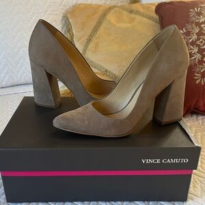 Vince Camuto Taupe Suede Pointed Toe Block Heels